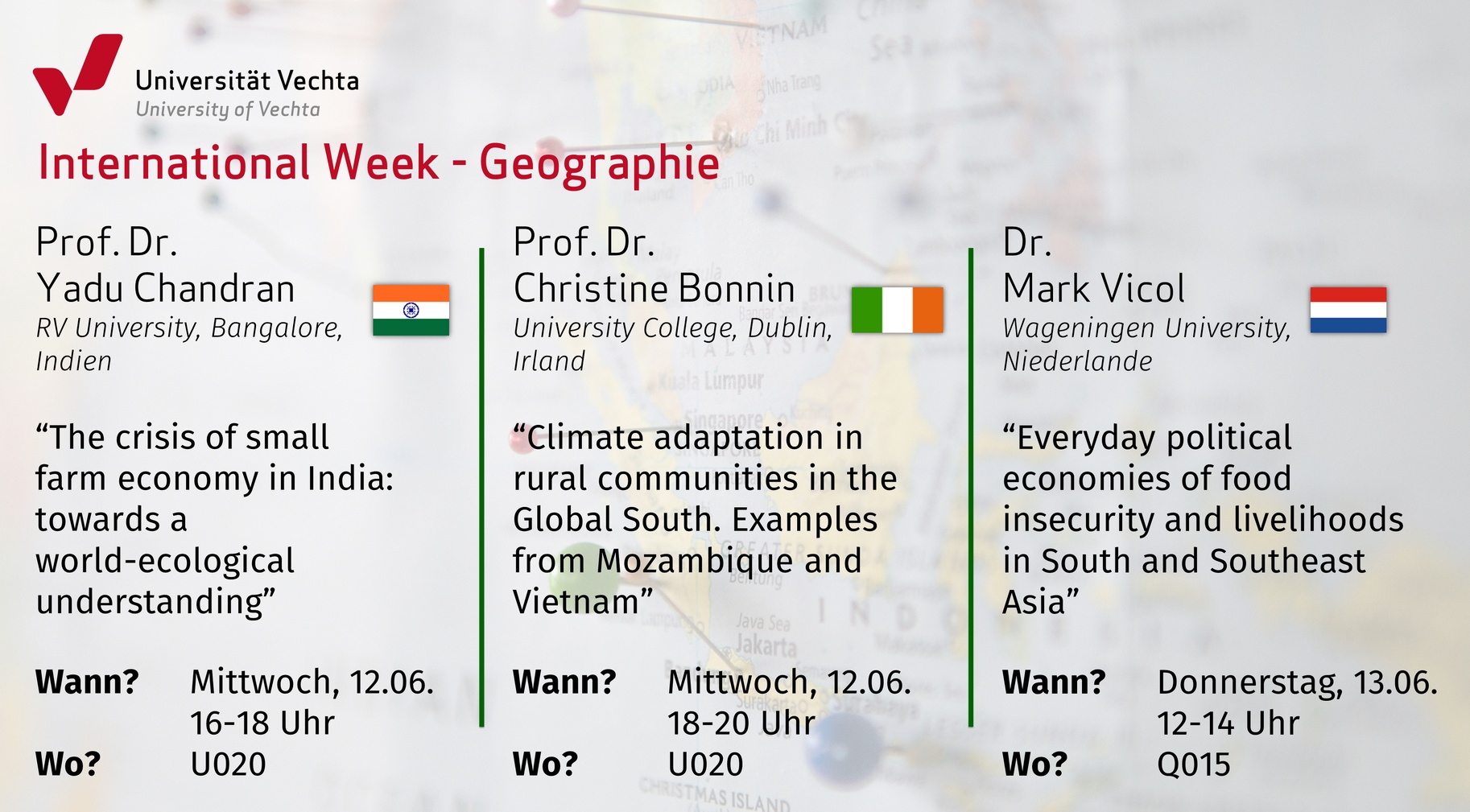 Übersicht über die drei Gastvorträge im Bereich Geographie im Rahmen der Internationalen Woche 2024